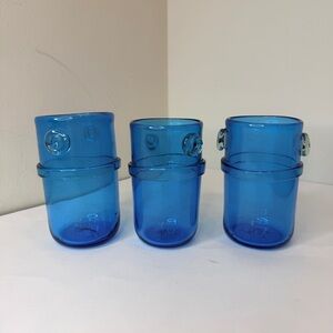 Set of 3 Vintage Hand-Blown Glass Aqua Blue Drinking Glasses Medallions 60s MCM